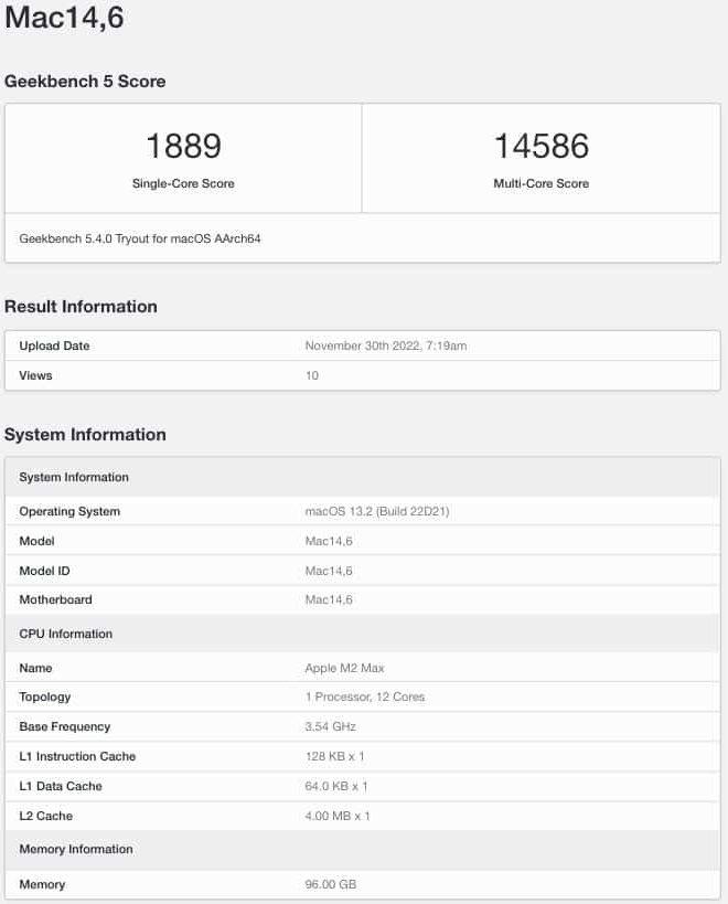 配96Gb運(yùn)行內(nèi)存的 M2 Max 芯片Geekbench跑分曝光