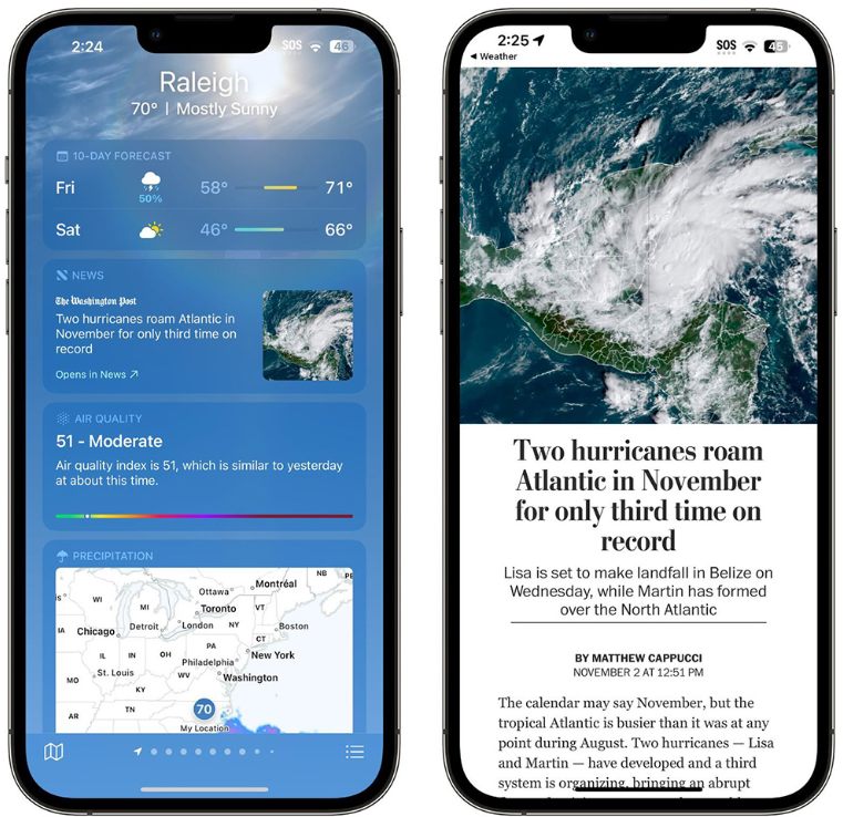 蘋果iOS 16.2 為iPhone內(nèi)置天氣加入氣象新聞報(bào)道