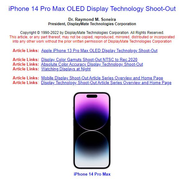 iPhone 14 Pro Max獲得DisplayMate最佳智能手機屏幕獎