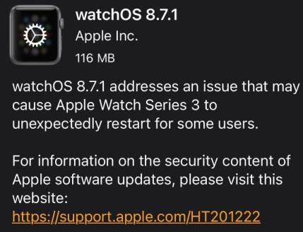 蘋果推出 watchOS 8.7.1 固件更新：修復 Apple Watch Series 3 問題