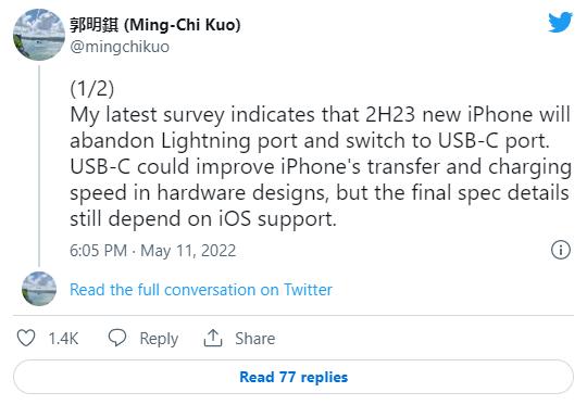郭明錤爆料稱iPhone 15將放棄Lightning改用Type-C