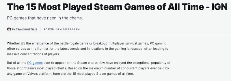 IGN 公布 Steam 歷史最受歡迎游戲榜單