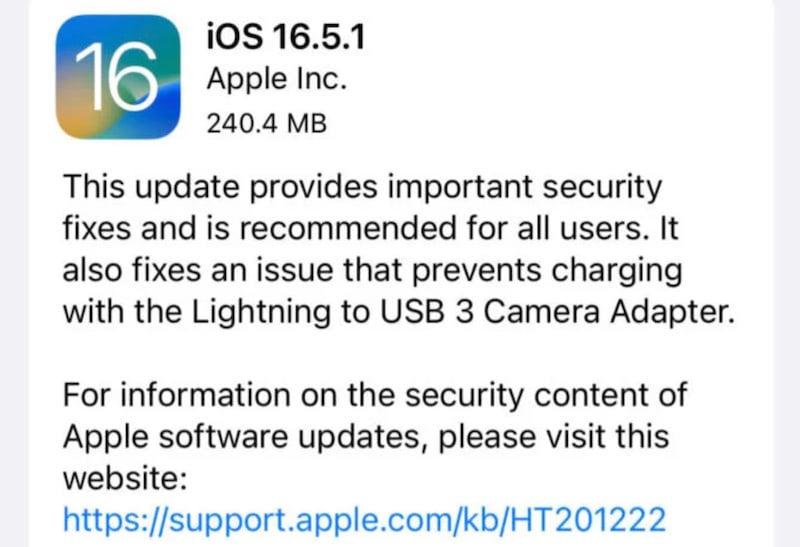蘋果推出 iOS 16.5.1 固件更新：修復Lightning轉USB 3相機轉換器問題